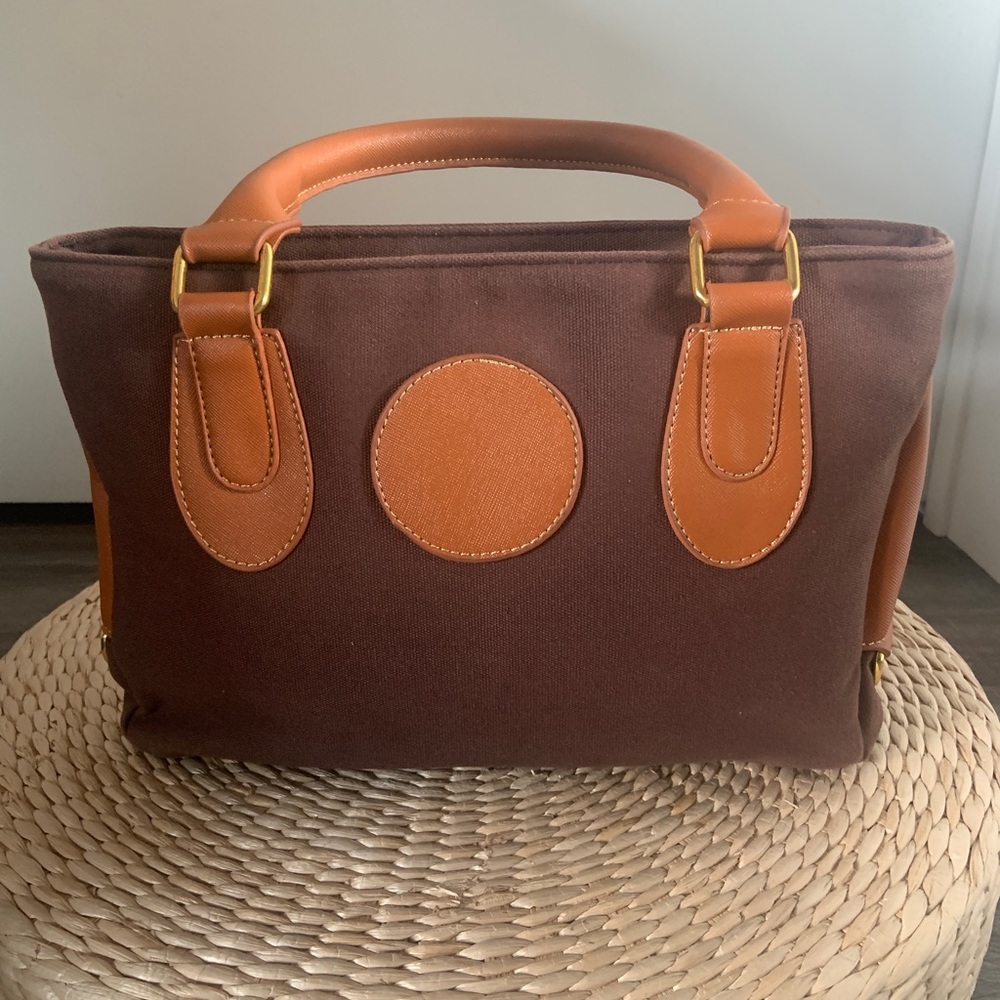 Brown canvas and camel vegan leather small tote bag